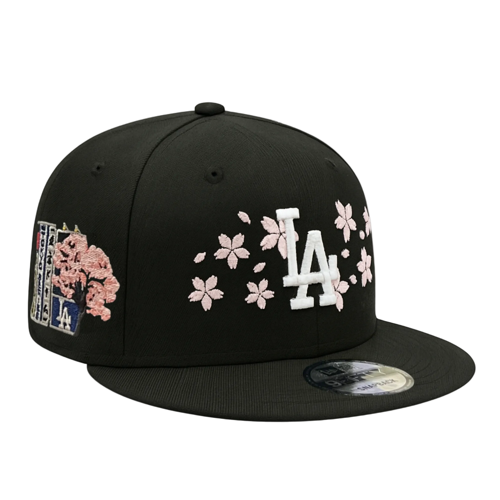 new-era-los-angeles-dodgers-black-white-logo-pink-cherry-blossom-2025-tokyo-series-9fifty-snapback-hat-front