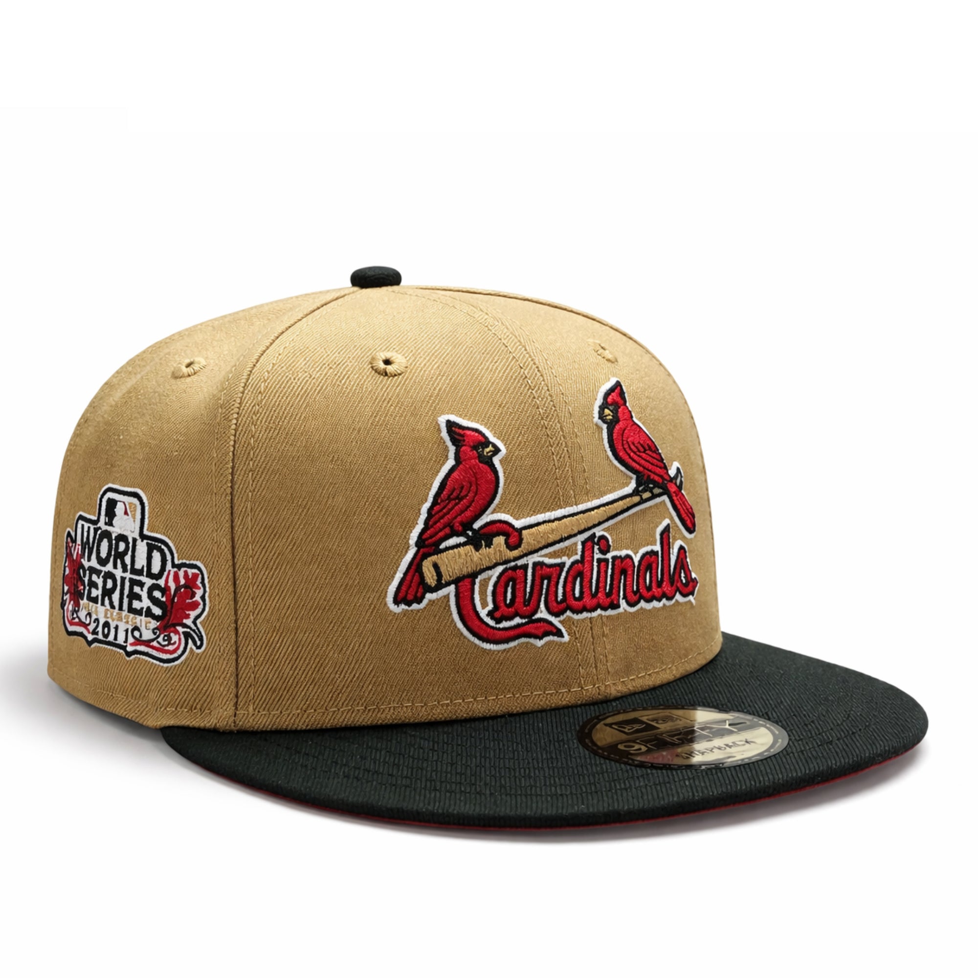 new-era-st-louis-cardinals-2011-world-series-9fifty-snapback-khaki-black-cooperstown-hat-front-detail